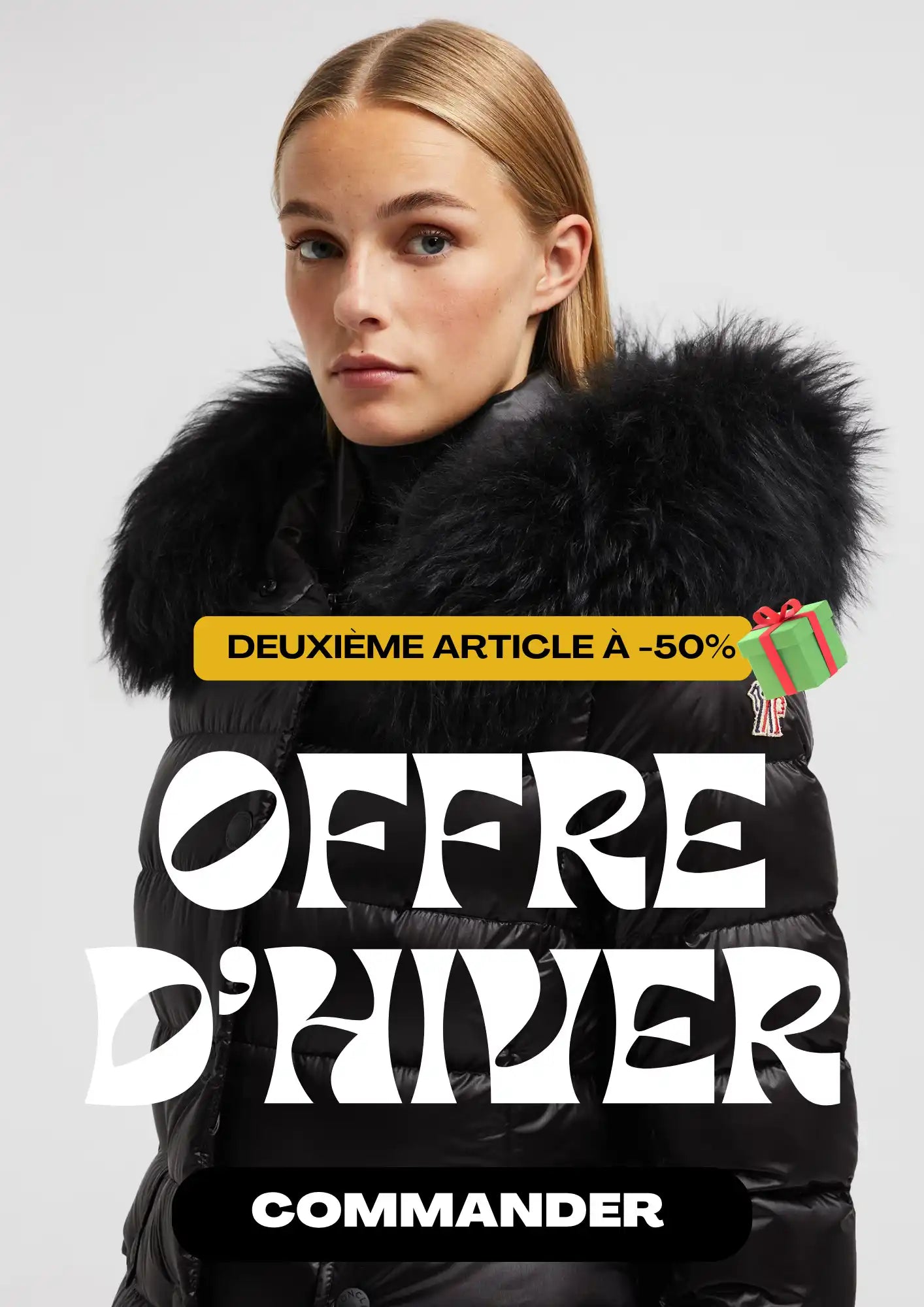 Pardessus d'hiver noir avec bord en fourrure et texte promotionnel en français.